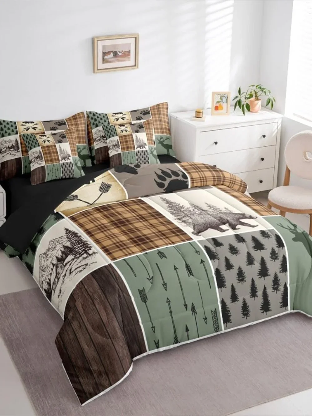 Bear Comforter Full Size, Rustic Cabin Lodge Fitted Sheet 7 Pieces for Kids Boys